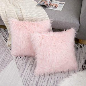 (Only Covers) Set of 2 Pink Luxury Fluffy Decorative Pillow Cushion Covers